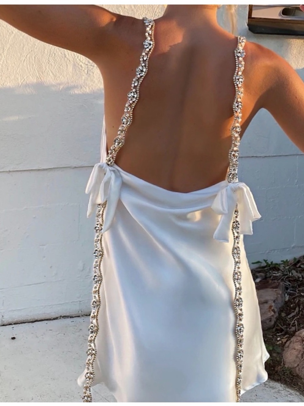 Embellished Backless Satin Slip Dress in White with Beaded Straps